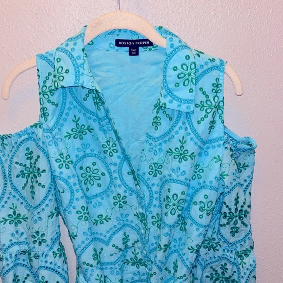 Boston Proper Blue Green Eyelet Dress Balloon Sleeve Women’s Size Small - Picture 3 of 11